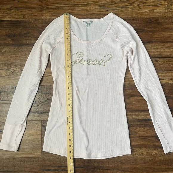Guess Y2K Blush Pink ribbed Waffle Knit Rhinestone Logo Top Women M Coquette - Picture 4 of 6